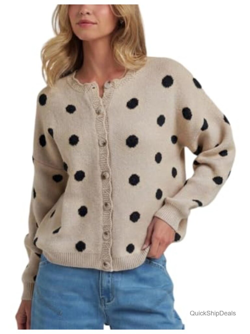 UATKIMI Women Polka Dot Cardigan Sweater Long Sleeve Button Knit Top